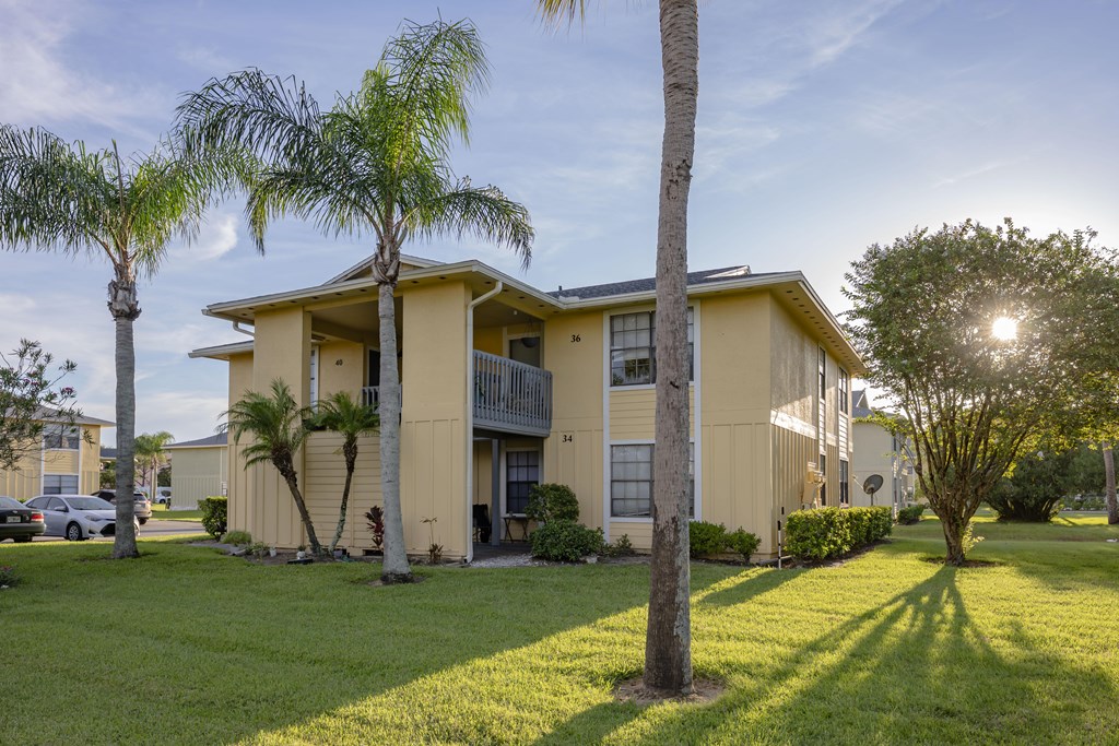 A sunny day at a residential building with palm trees.