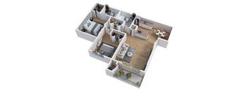 A 3D floor plan of a house with multiple rooms.