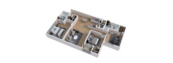 A 3D floor plan of a house with a kitchen, living room, and bathroom.
