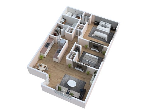 A 3D floor plan of a house with multiple rooms and furniture.