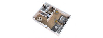 a 3d floor plan of a home with a bedroom and living room
