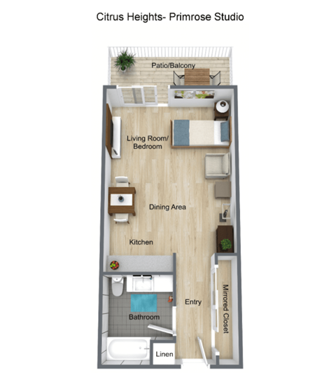 Studio 1 bath  floor plan at The Crest at Citrus Heights Apartments, Citrus Heights, CA