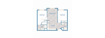 A floor plan of a house with two bedrooms, a living/dining area, a kitchen, two bathrooms, and two closets.