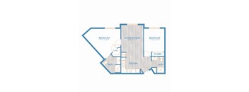 A diagram of a house layout with two bedrooms, a living/dining area, a kitchen, two bathrooms, and closets.