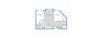 A floor plan of a house with three bedrooms, a living/dining area, a kitchen, two bathrooms, and two closets.