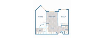 A blue and white floor plan of a house with two bedrooms, a living/dining area, a kitchen, two bathrooms, and a closet.