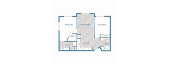 A floor plan of a home with three bedrooms, a living/dining area, a kitchen, two bathrooms, and two closets.
