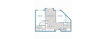A floor plan of a home with three bedrooms, a living/dining area, a kitchen, a bath, and two closets.