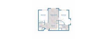 A floor plan of a house with two bedrooms, a living/dining area, a kitchen, and two bathrooms.