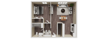 A model of a small apartment with a kitchen, bathroom, and living room.