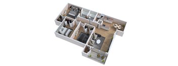 A 3D floor plan of a house with two bedrooms, a living room, a kitchen, and a bathroom.