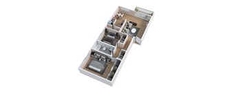 A 3D floor plan of a house with two bedrooms, a living room, a kitchen, and a bathroom.