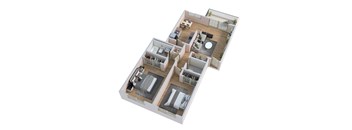 A 3D floor plan of a house with two bedrooms, a living room, a kitchen, and a bathroom.