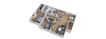 A 3D floor plan of a house with a kitchen, living room, and two bedrooms.
