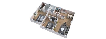 A 3D floor plan of a house showing a living room, kitchen, and two bedrooms.