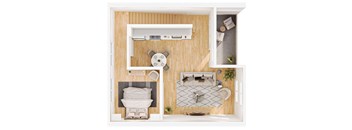 A small room with a bed, a table, and a chair.