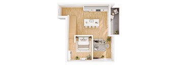 A top-down view of a small apartment with a bed, a couch, a kitchenette, and a dining table.