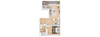 A top-down view of a small apartment with a kitchen, living room, and bathroom.