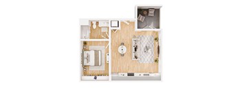 A top-down view of a small apartment with a bedroom, living room, and kitchen.