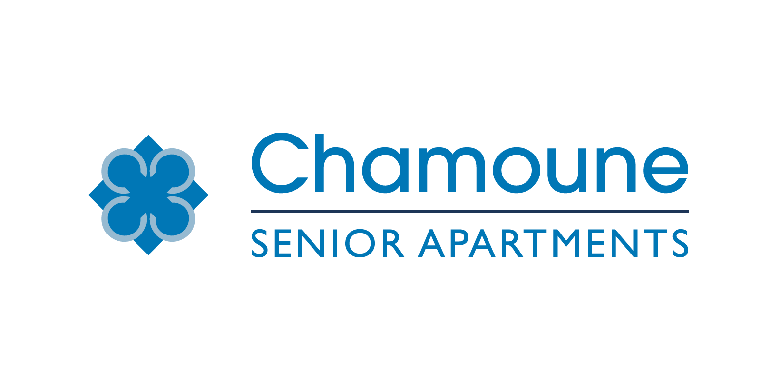 A logo for "Chamoune Senior Apartments" featuring a flower-like symbol.
