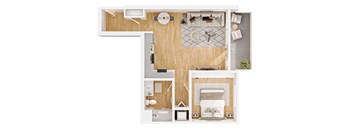 A top-down view of a small apartment layout with a kitchen, living room, and bathroom.
