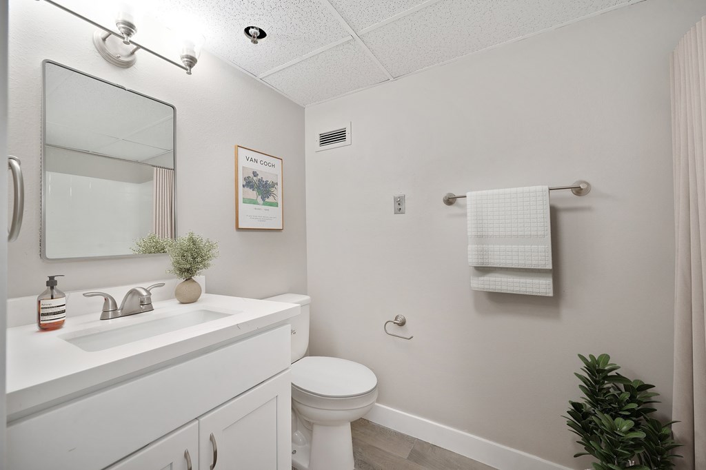 A white bathroom with a toilet, sink, and mirror.