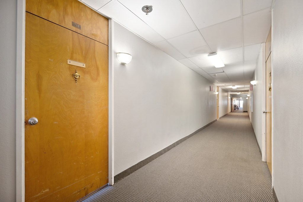 A long hallway with a wooden door on the left and carpeted flooring.