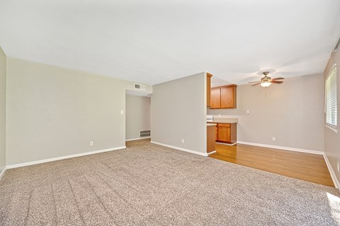 A spacious room with a carpeted floor and a ceiling fan.