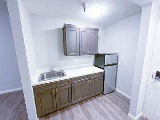 an empty kitchen with a sink and refrigerator