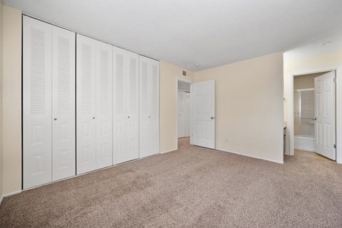 an empty bedroom with white closet doors and carpeting