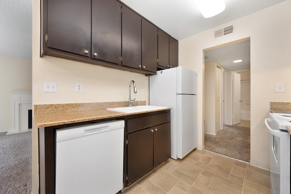 a kitchen with a dishwasher and sink and a refrigerator