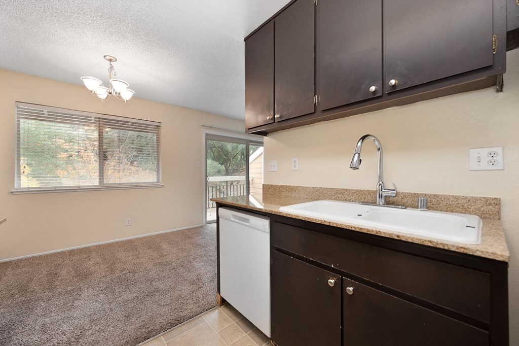 an empty kitchen with a sink and a window