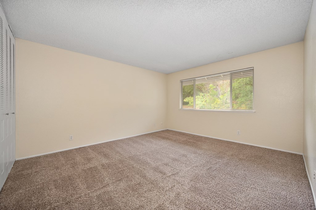 an empty room with carpet and a window
