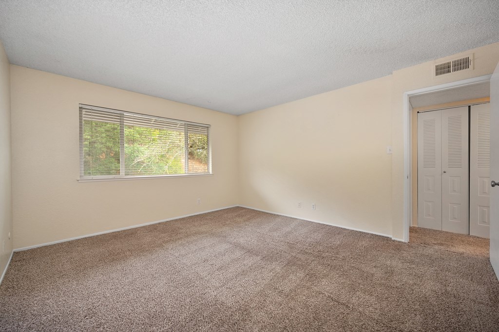 an empty living room with carpet and a window