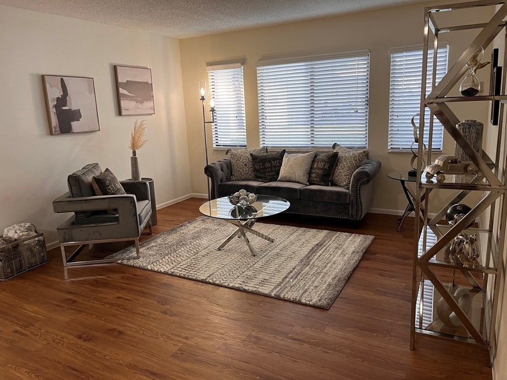 A living room with a couch, a chair, a table, and a rug.