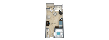 a floor plan of a bedroom with a bathroom and a living area