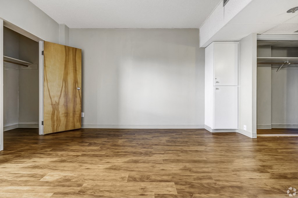 an empty room with a wooden floor and a closet