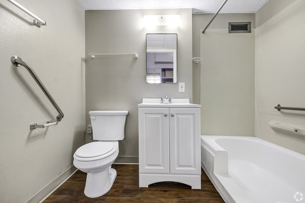 a bathroom with a toilet and a sink and a bath tub