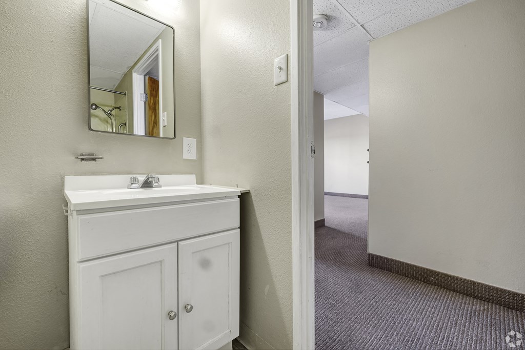a bathroom with a sink and a mirror and a hallway