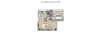 One Bedroom one bath floor plan at The Atrium at Carmichael Apartments, Carmichael, CA