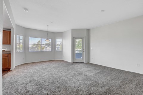 A spacious room with a grey carpet and a door on the right side.