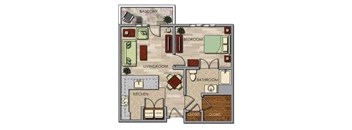 A floor plan of a house showing a living room, kitchen, two bedrooms, a bathroom, and a balcony.