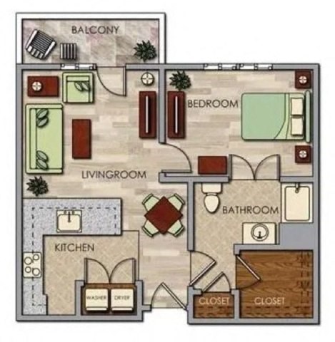 A floor plan of a house showing a living room, kitchen, two bedrooms, a bathroom, and a balcony.