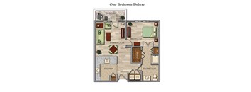 A floor plan of a one bedroom deluxe apartment.
