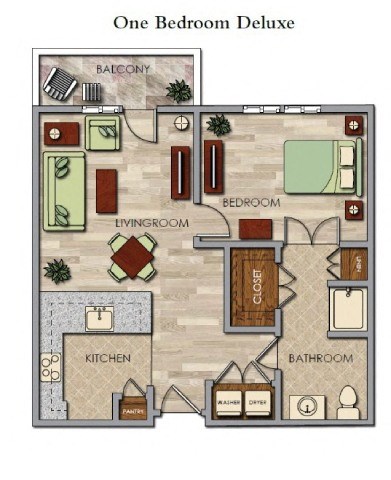 A floor plan of a one bedroom deluxe apartment.