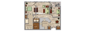 A floor plan of a house with a bedroom, living room, study room, dining area, kitchen, bathroom, and closet.
