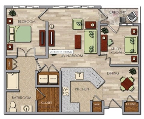 A floor plan of a house with a bedroom, living room, study room, dining area, kitchen, bathroom, and closet.
