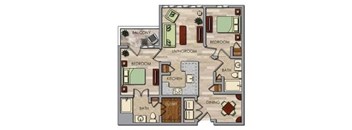 A floor plan of a house with a balcony, two bedrooms, a living room, a kitchen, a bath, a dining area, and a closet.