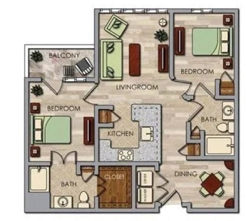A floor plan of a house with a balcony, two bedrooms, a living room, a kitchen, a bath, a dining area, and a closet.
