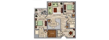 A floor plan of a house with a balcony, two bedrooms, a living room, a kitchen, a bath, a dining area, and a closet.